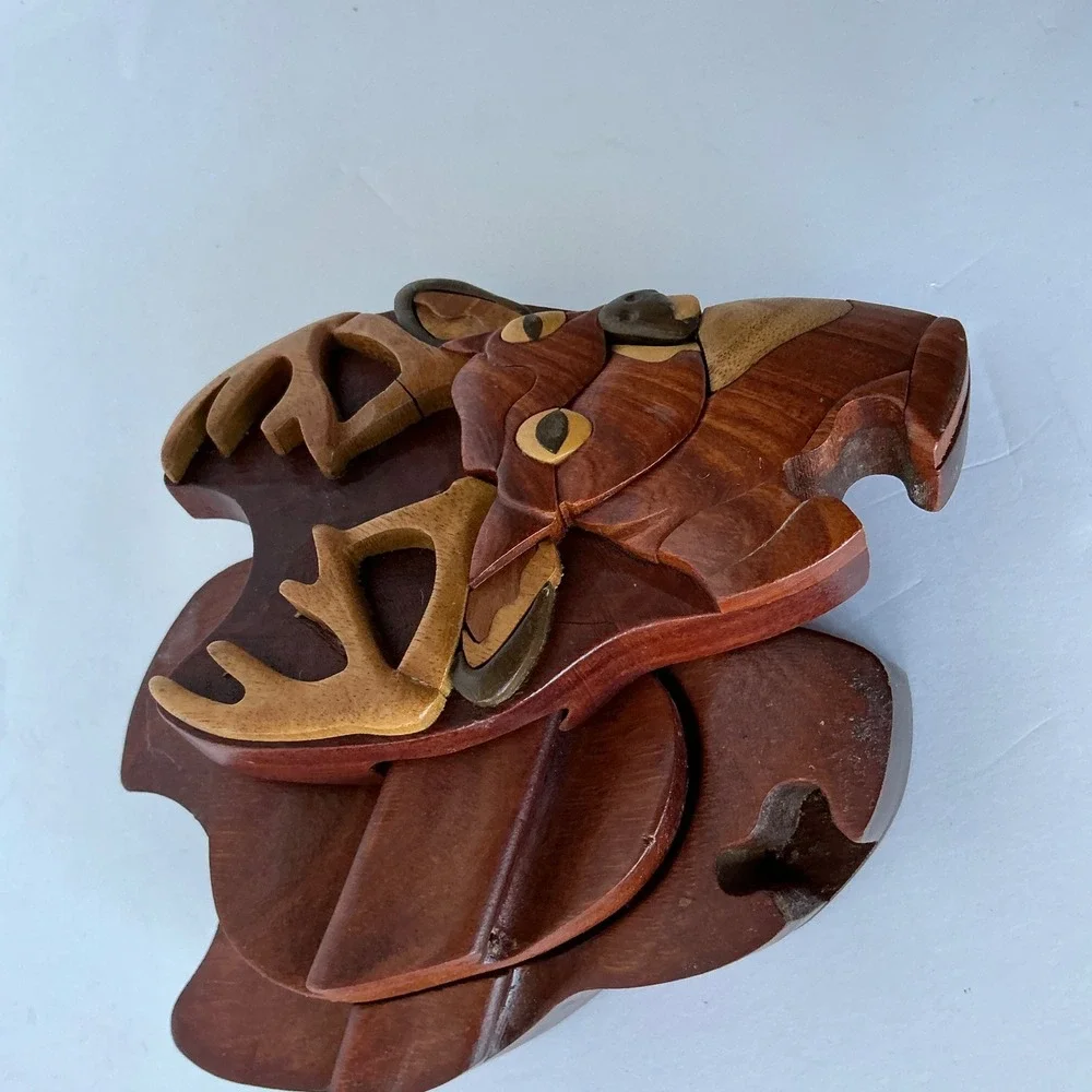 Vintage Buck Head Puzzle‎ Box Wooden Intarsia Deer Trinket Hidden Compart